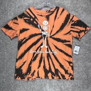 Mighty Fine Mens Orange Black Tie Dye Skeleton Graphic T-Shirt Live‎ Best Life M